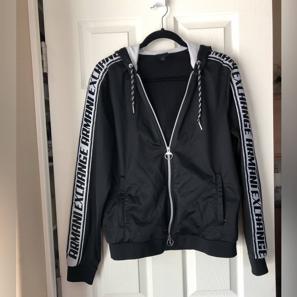 A/X Armani Exchange Black and White Logo-Trim Zip Hoodie